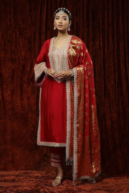 Shikhar Sharma Red Silk Chanderi Embroidered Pearl Leaf Neck Kurta Pant Set 