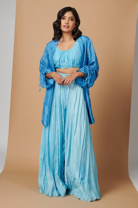 Buy Vedika M Blue Silk Bustier Round Jacket With Hand Pleated Pant Set at Aza Fashions Buy_Vedika M_Blue Silk Bustier Round Jacket With Hand Pleated Pant Set_at_Aza_Fashions