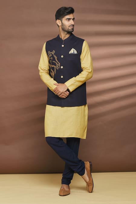 Linen Bloom Blue 100% Linen Thread Work Horse Motif Embroidered Bundi 