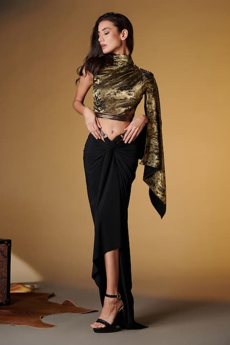 S&N by Shantnu Nikhil One Shoulder Metallic Draped Top 