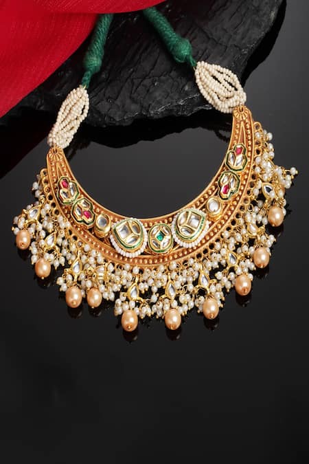 Dugran By Dugristyle Green Kundan Pearl Drop Embellished Choker 