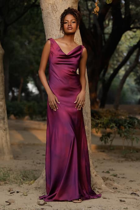 Asra Satin Crystal Satin Dress - Purple