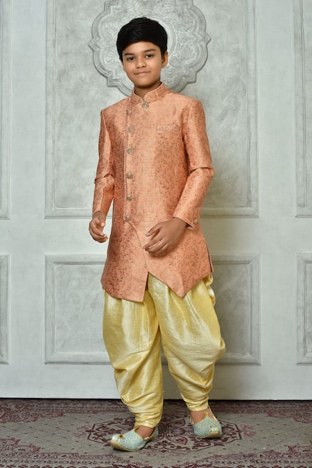 Arihant Rai Sinha Peach Jacquard, Silk Embroidery Flora Pattern Overlap Sherwani Set 