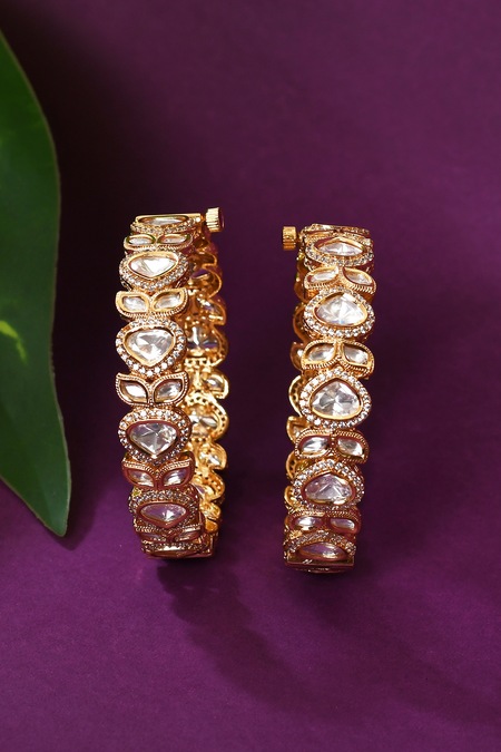 Zevar By Geeta Gold Plated Diamonds, Stones Jadau Kundan And Polki Kada - Set Of 2 