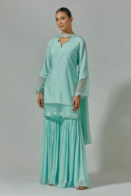 House Of TA-YA Blue Chanderi, Georgette, Chiffon Embroidery Sweetheart Hand Kurta Gharara Set 