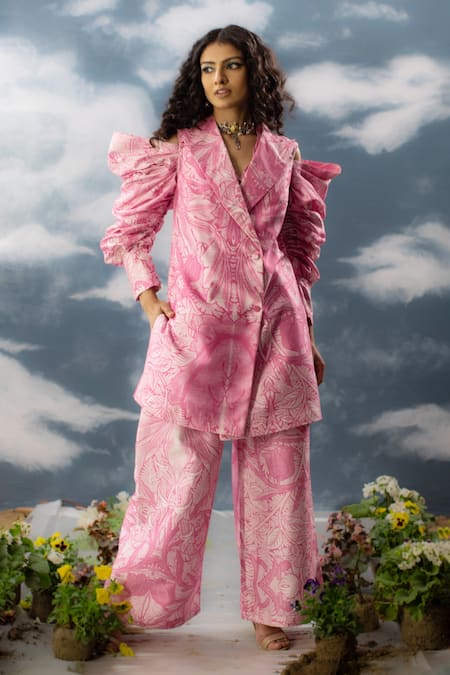 SAKSHAM & NEHARICKA Pink Printed Floral Blazer Notched Acai Waistcoat And Pant Set 