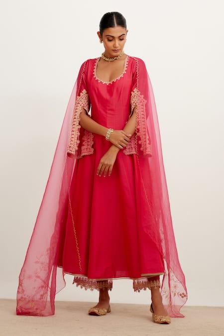 Devnaagri Fuchsia Cotton Silk Blend Embroidered Sequins U Neck Dori Sleeve Anarkali Set 