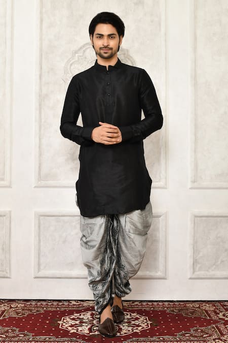 Arihant Rai Sinha Black Dupion Silk Printed Floral Solid Kurta And Grey Dhoti Pant Set