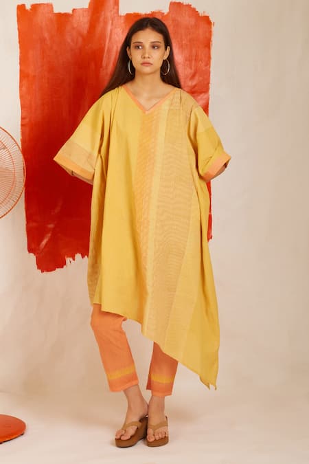 BANANA labs Yellow Striped Hand Block Print Kaftan & Pant Set 