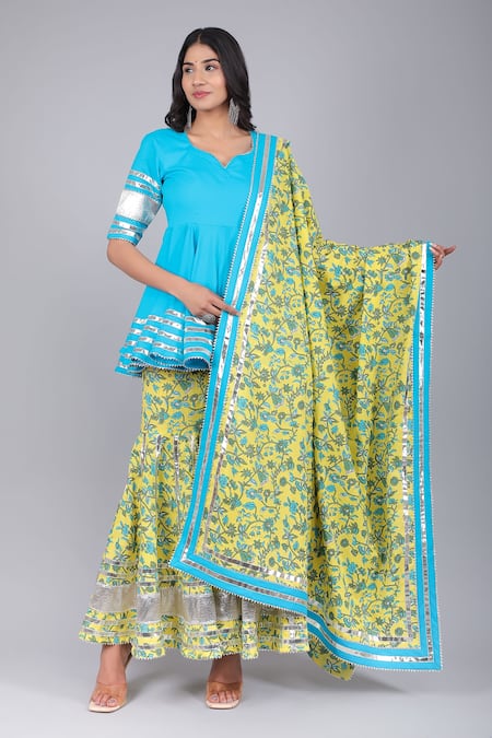 POMCHA JAIPUR Blue Cotton Printed Spring Leaf Neck Metallic Striped Kurta Sharara Set 