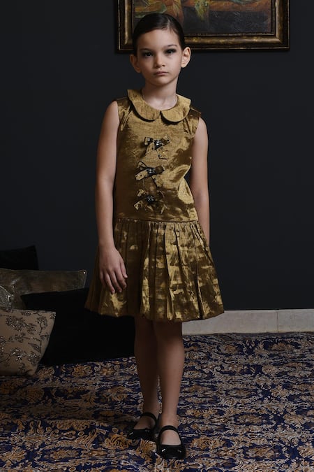 Swati Golyan Gold Handloom Cotton, Lurex Sequins Swarovski Crystals Embellished Bow Dress 