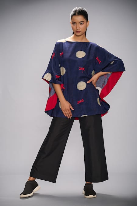 Buy Taika By Poonam Bhagat Blue Silk Embroidery Round Neck Printed And Poncho at Aza Fashions Buy_Taika By Poonam Bhagat_Blue Silk Embroidery Round Neck Printed And Poncho _at_Aza_Fashions