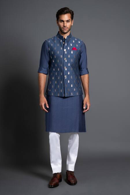 Raghavendra Rathore Jodhpur Blue Chanderi Silk Embroidery Floral Woven Kantha Work Waistcoat