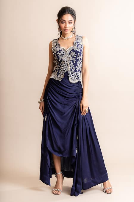 Nupur Kanoi Blue Crepe Hand Embroidery Mirror Work Scallop V Waistcoat And Skirt Set 