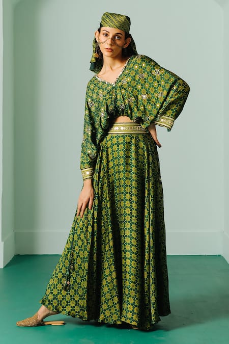 Prahnaaya Green Satin Sequins, Zari V-neck Ajrakh Hand Block Print Crop Top And Skirt Set 