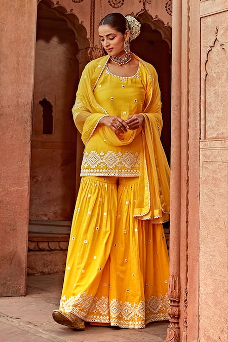 PREEVIN Yellow Peplum Top Cotton Mulmul Embroidery Thread Straight Kurta Set 