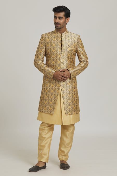 Woven Art Silk Kurta Jacket Set in Light Golden and Maroon : MUY982