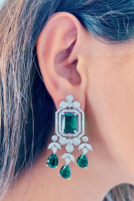 Estate Carved Emerald and Diamond Dangle Earrings