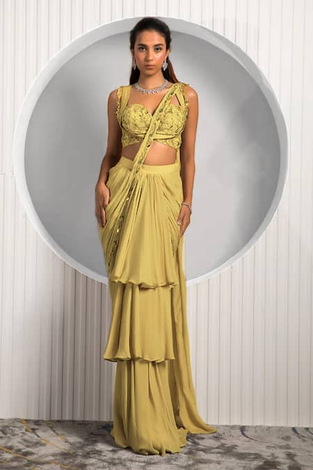 Jade By Ashima Pre-Draped Ruffle Tiered Saree With Blouse 