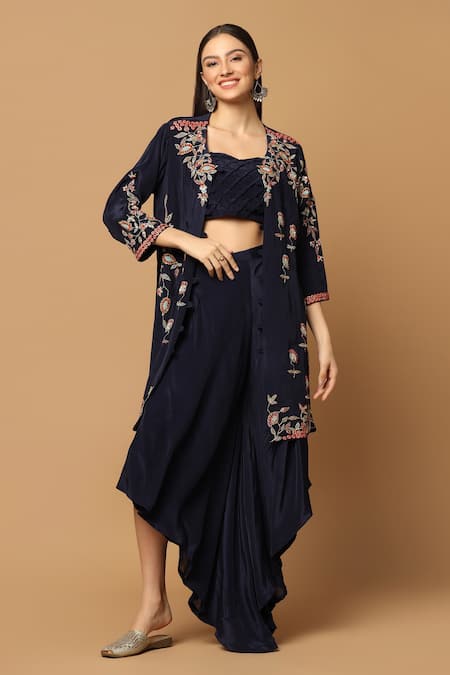 Two Sisters By Gyans Floral Embroidered Cape & Draped Skirt Set 