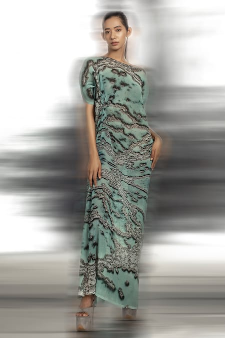 Abhishek Sharma Reef Print Drop Shoulder Draped Gown 