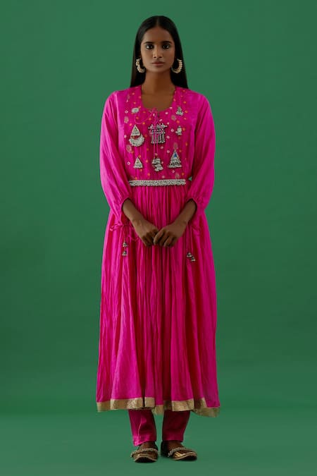 5elements Pink Silk Embroidery Silver Ornamentation Crescent Moon And Triangle Anarkali Set 