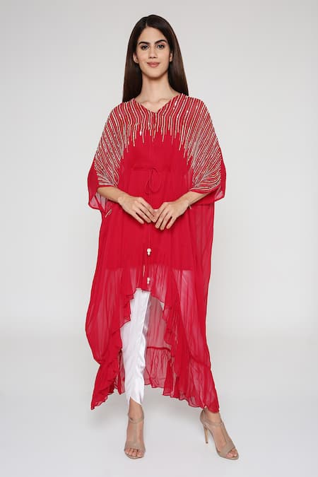 Bha Sha Pink Georgette, Silk Satin Sequins, Beads, Pearls Elsa Embroidered Kaftan Set 