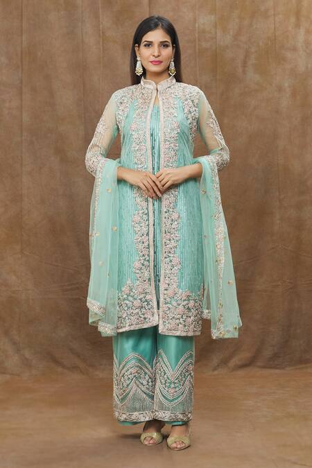 Buy Adara Khan Sky Blue Butterfly Net, Lining Japan Satin Linear And Embroidered & Palazzo Set at Aza Fashions Buy_Adara Khan_Sky Blue Butterfly Net, Lining Japan Satin Linear And Embroidered & Palazzo Set_at_Aza_Fashions