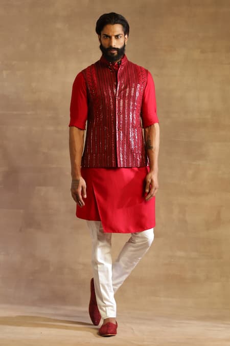 Raghavendra Rathore Jodhpur Red Tussar Embroidered Stripes Waistcoat 