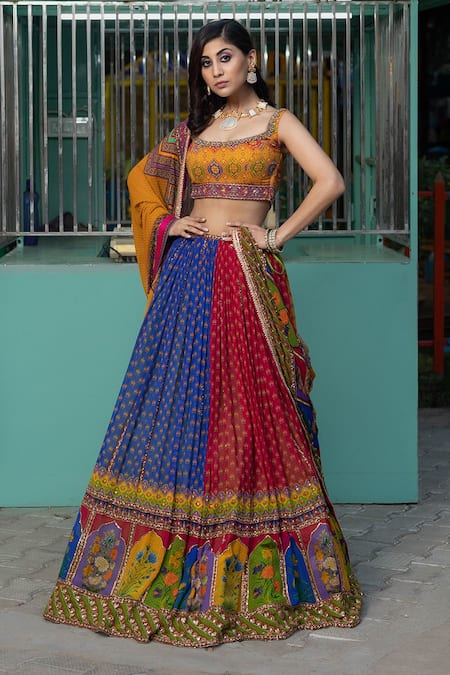 Irrau by Samir Mantri Mughal Print Panelled Lehenga Set 