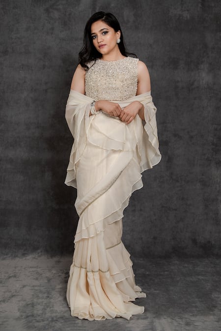 Sunita Bhandari Ruffle Pre-Draped Saree With Embroidered Blouse 