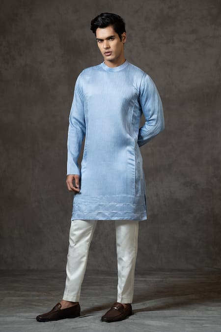 PAARSH Blue Linen, Satin, Cotton Pintucked Kurta Set