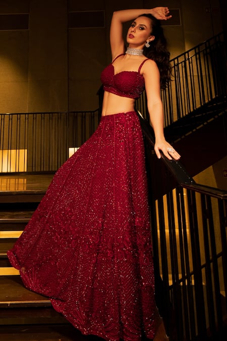 Richa Jaisinghani Label_Red Silk, Net And Organza Beads Sweetheart Neck Embroidered Bridal Lehenga Set _Online_at_Aza_Fashions