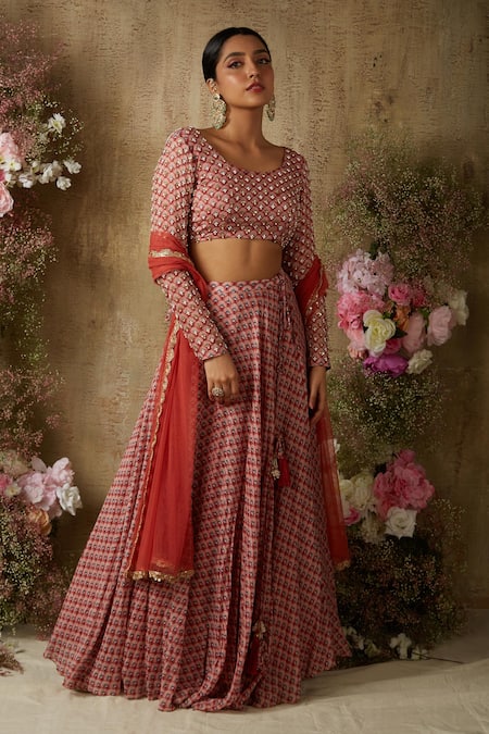 Ria Shah Label Red Cotton Satin, Cotton, Silk, Net Pearl Embellished Blouse Lehenga Set 