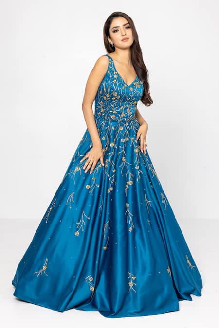 A-line Blue Floral Print Long Prom Dress,Blue Evening Dress Y2560 –  Simplepromdress