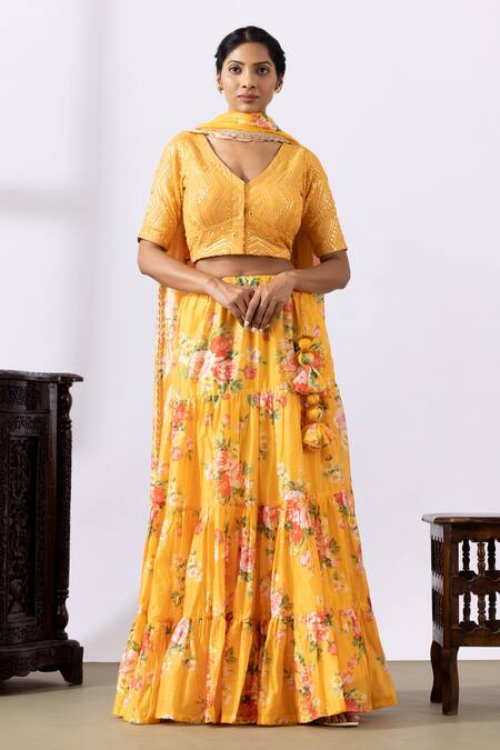 Shop_Abbaran_Yellow Chanderi Lace, Tassels, Embroidery V-neck Floral Print Tiered Lehenga Set_Online_at_Aza_Fashions