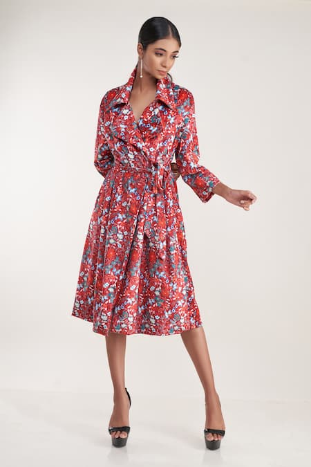 POOJA BAGARIA Floral Print Notched Lapel Collar Dress 