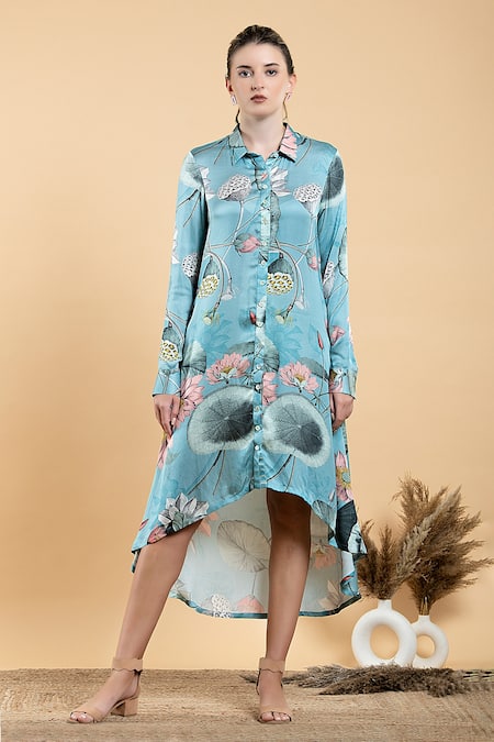 Divi By Sonal Khandelwal Sky Blue Modal, Satin Collared Lotus Print High Low Hem Shirt Dress 
