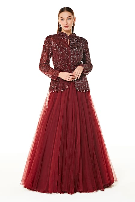 Rabani & Rakha Maroon Net Embroidery, Sequins, Cut Work Dahlia Peplum Jacket And Lehenga Set 