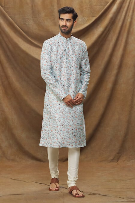 Samyukta Singhania Blue Kurta Jacquard Banarasi Silk Embroidered Thread Work And Floral Pattern Set 