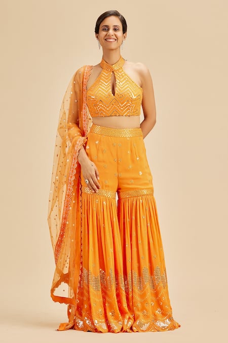 Nitika Gujral Orange Blouse And Gharara Georgette Embroidery Sequin Halter Neck Set 