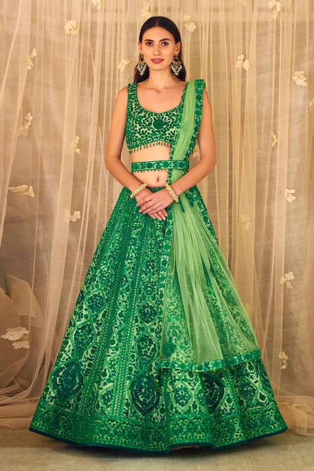Buy Pista Green and Peach Embroidered Velvet Bridal Lehenga Choli