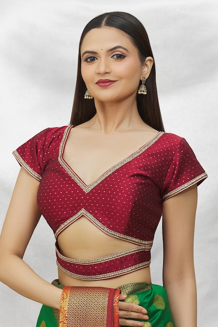 Samyukta Singhania Maroon Silk Embroidery V-neck Cutout Blouse 