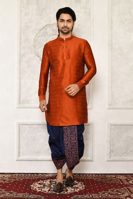 Arihant Rai Sinha Orange Dupion Silk Solid Short Kurta And Dhoti Pant Set 