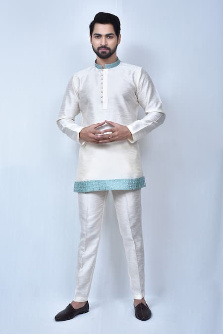 Arihant Rai Sinha Cream Art Silk Embroidery Thread Short Placement Kurta Set 