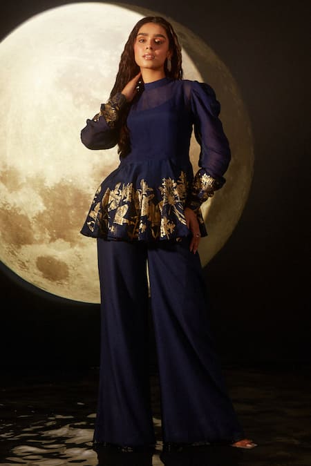 Dohr India Blue Organza, Crepe Foil Printing Round Neck Peplum Top And Flared Pant Set 