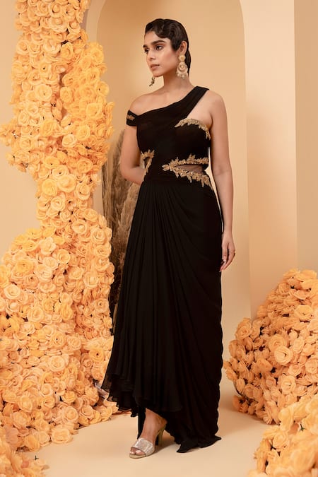 Adi By Aditya Khandelwl Black Georgette Embroidery One Shoulder Draped Asymmetric Gown 