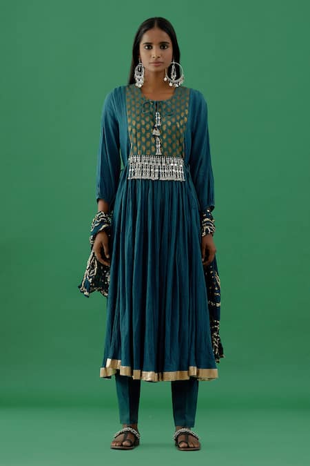 5elements Blue 100% Cotton With Silk Brocade Yoke Paisley Woven Anarkali Set 