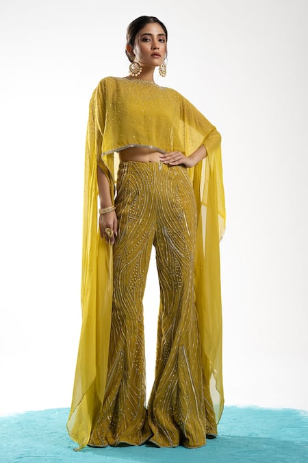 Charu and Vasundhara Yellow Poncho Organza Embroidery Cheeta Work Round Ernisa Pant Set 