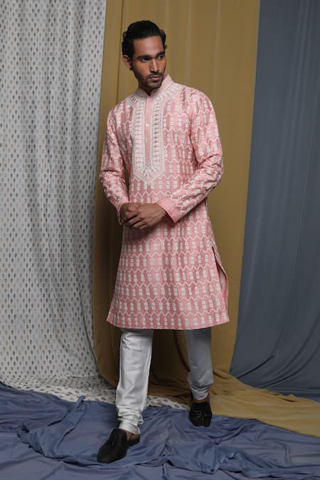 Krishna Mehta Tussar Floral Embroidered Kurta Churidar Set 